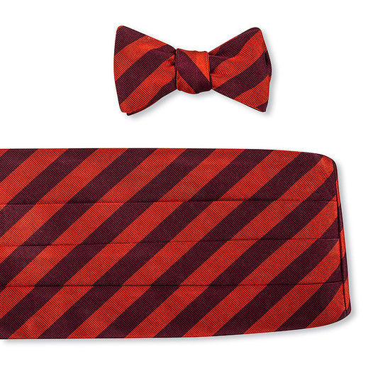 R. Hanauer Handmade Maroon/ Orange Bar Stripes Cummerbund Set - CB622