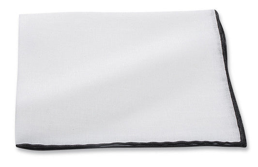 R. Hanauer White/ Black Linen Border Pocket Square - 162