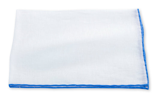 R. Hanauer Hand-rolled White/ Cobalt Linen Border Pocket Square - 164