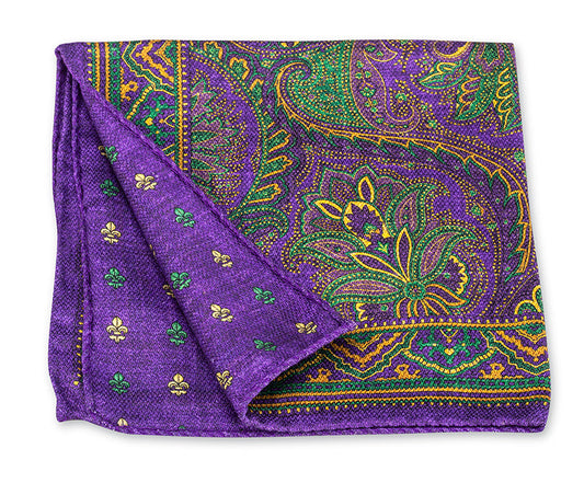 R. Hanauer Purple Mardi Gras Paisley/Fleur-De-Lis Pocket Square - 5897