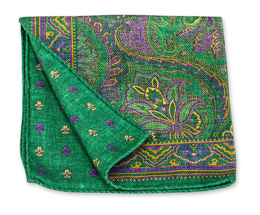 R. Hanauer Green Mardi Gras Paisley/Fleur-De-Lis Pocket Square - 5896